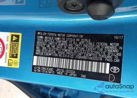 2017 Toyota Mirai z USA, uszkodzony, nr VIN JTDBVRBD1HA003378